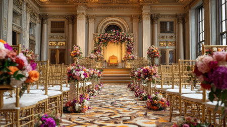 A wedding stage surrounded by cascading floral arrangements, golden chairs, and ornate carpeted flooringの素材