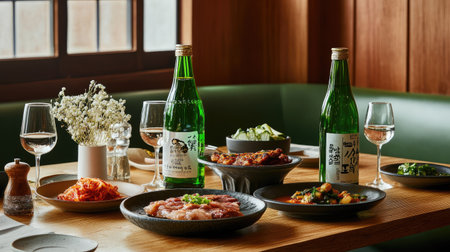 A table set with bottles of soju, grilled meat, and side dishes like kimchi and pickled radish in a vibrant Korean restaurant settingの素材