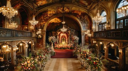 A wide-angle view of a wedding venue showcasing an elaborate stage, lined with floral arrangements and chandeliersの素材