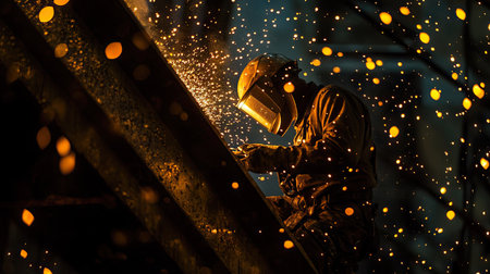 A welder in protective gear creating a shower of sparks while working on a steel structureの素材
