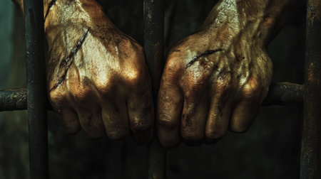 A close-up of hands gripping the bars, with faint scratches and scars visible on the skin.の素材