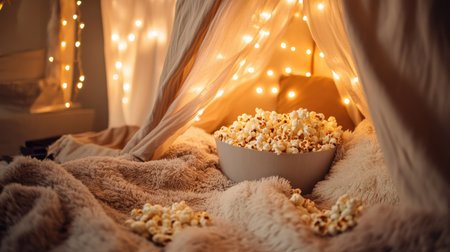 A cozy blanket fort with popcorn and fairy lights, perfect for a movie marathon.の素材