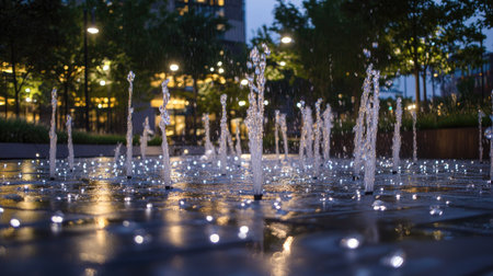 A close-up of water droplets sparkling in the air from a city fountain under bright white spotlights at nightの素材