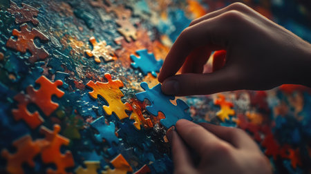 A close-up of hands flipping over jigsaw pieces to reveal their colorful side.の素材
