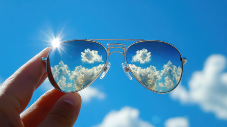 A close-up of mirrored sunglasses in a hand, with the reflection capturing the bright clouds and clear skyの素材