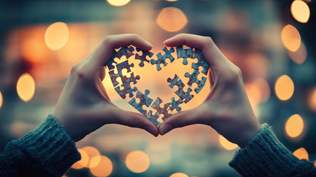 A creative photo of hands holding puzzle pieces to form a heart shape.の素材