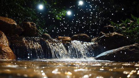 A close-up of water droplets sparkling in the air from a city fountain under bright white spotlights at nightの素材
