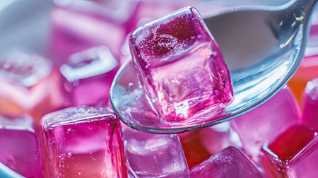 A close-up of a spoon scooping a jelly cube from a bowl, showcasing its bright, translucent textureの素材