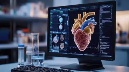 A detailed D heart anatomy model in a digital lab setting, displayed on a high-tech monitorの素材