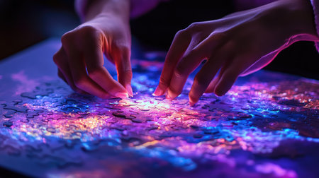 A dramatic photo of hands placing a single puzzle piece into a glowing lighted puzzle.の素材