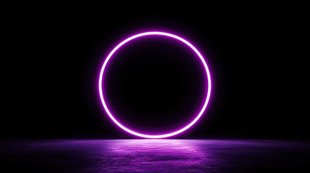 A glowing circular neon tunnel in purple and white hues, with light flares fading into the blackの素材