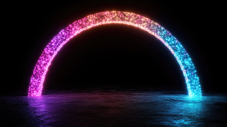 A glowing archway of neon lights in gradient hues of blue, pink, and orange, forming a mesmerizing tunnel on blackの素材