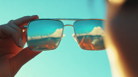 A hand delicately holding square-framed sunglasses, reflecting the soft blue tones of the skyの素材