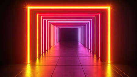 A glowing neon light tunnel with angular geometric patterns and pulsating red and yellow lights on a black backdropの素材