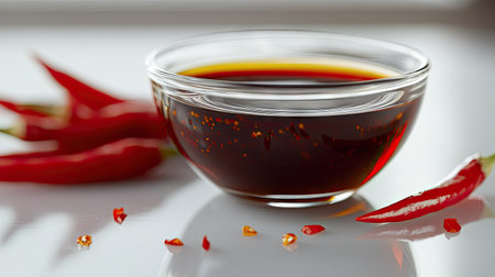 A glass bowl of fish sauce on a reflective white surface, with vibrant red chilies nearbyの素材