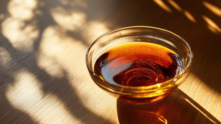 A glass bowl of fish sauce, with its amber tones enhanced by soft, natural lightingの素材