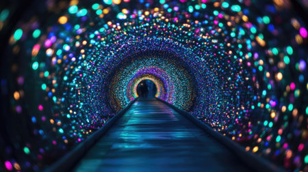 A glowing pathway of neon lights in electric blue and green hues, forming an infinite tunnel on a black backdropの素材