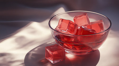 A glass dessert bowl filled with translucent jelly cubes, highlighted by soft reflections and shadowsの素材