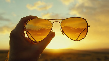 A hand gripping retro-style sunglasses against a golden sunset sky, the warm light illuminating the lensesの素材