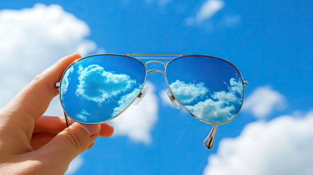 A hand holding aviator sunglasses with reflective lenses, framing a bright blue sky dotted with cloudsの素材