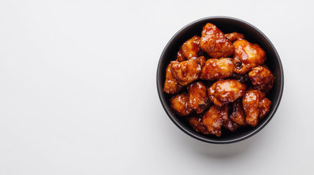 A minimalist shot of a bowl of Korean spicy chicken on a clean white background, emphasizing texture and colorの素材