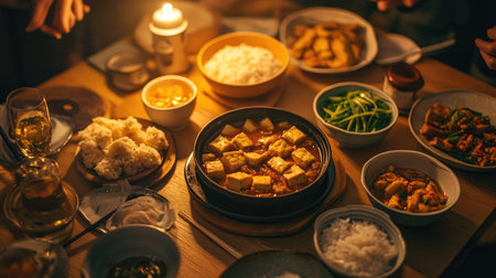 A cozy dinner table with soju, soft tofu stew, rice bowls, and fresh scallion pancakes, lit by warm lightingの素材