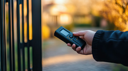 A hand holding a black remote control device with a visible LED indicator light, aimed at an opening gateの素材