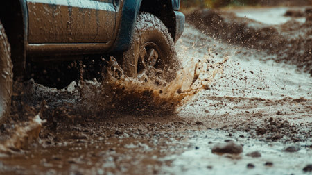 A close-up of a pick-up truck's wheels as they struggle through a muddy river terrain, with water splashing aroundの素材