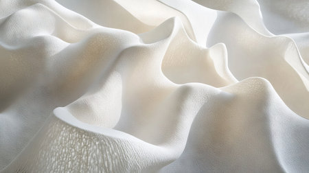 A horizontal view of white fabric folds, with subtle shadows enhancing the natural wrinkle patternsの素材