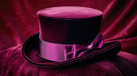 A luxurious velvet top hat with a satin ribbon, positioned against a rich burgundy backgroundの素材
