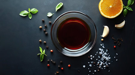 A modern presentation of fish sauce in a sleek glass bowl, surrounded by gourmet ingredientsの素材