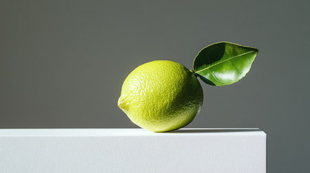 A lime resting on a white surface with its glossy leaf adding a natural touch to the compositionの素材