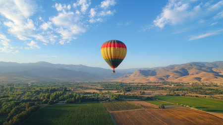 A hot air balloon floating peacefully in a bright blue sky over a countryside.の素材