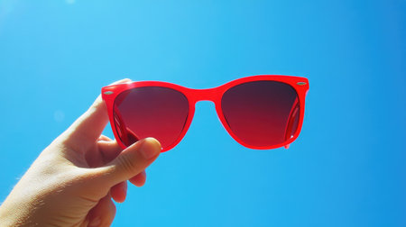 A hand holding vibrant red sunglasses, contrasting against a clear sky with hints of sunlightの素材