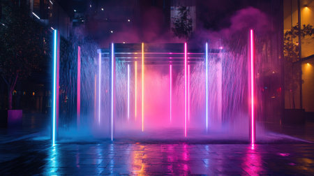 A modern fountain with dancing water jets, illuminated by vibrant neon lights in an urban settingの素材