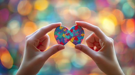 A pair of hands framing a favorite puzzle piece against a colorful, blurred background.の素材