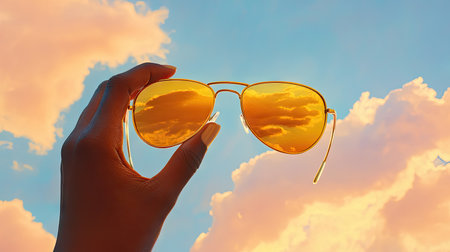 A hand showcasing sunglasses with reflective gold lenses, capturing the warmth of a sunny afternoon skyの素材