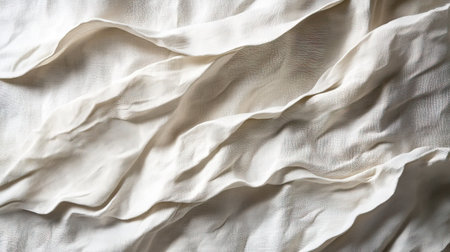 A horizontal view of white fabric folds, with subtle shadows enhancing the natural wrinkle patternsの素材