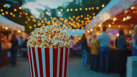 A popcorn stand at an outdoor movie night event, with fairy lights and people in the background.の素材