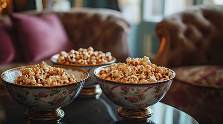 A mix of sweet and salty popcorn served in decorative bowls on a coffee table.の素材