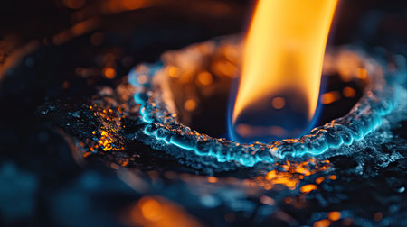 A macro shot of a gas stove flame highlighting intricate blue and orange tones in a dark settingの素材