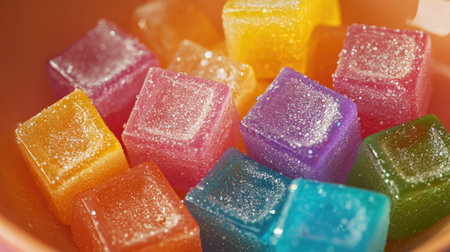 A playful shot of rainbow-colored jelly cubes in a bowl, with sparkling sugar crystals on topの素材
