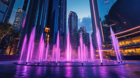 A panoramic shot of a city fountain with water jets lit in pink and purple tones, framed by tall modern buildings at nightの素材