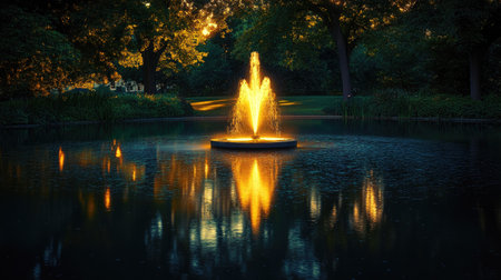 A peaceful nighttime scene with a fountain reflecting golden light onto the surface of a calm pondの素材