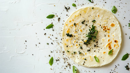 A single flour tortilla with herbs sprinkled around it, set against a white background, suggesting flavor enhancement.の素材