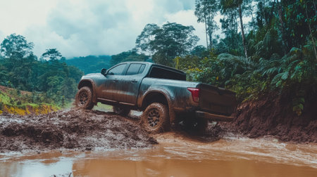 A rugged pick-up truck climbing a muddy embankment after crossing a river, showcasing its off-road capabilityの素材