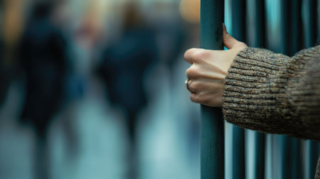 A side view of a woman's hands gripping prison bars, with blurred figures walking in the background.の素材