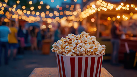 A popcorn stand at an outdoor movie night event, with fairy lights and people in the background.の素材