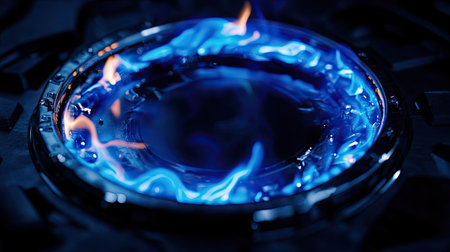 A ring of blue flames glowing on a gas burner, highlighting metallic details in the darkの素材