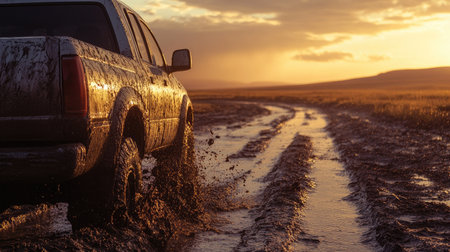 A side view of a pick-up truck roading through a riverbed filled with mud and water, under a golden sunsetの素材